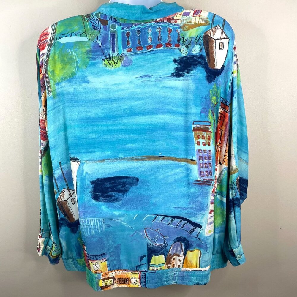 Vintage 90s Top 2X Coastal Venice Style Art To Wear Impressionist Shacket Travel - Picture 2 of 14